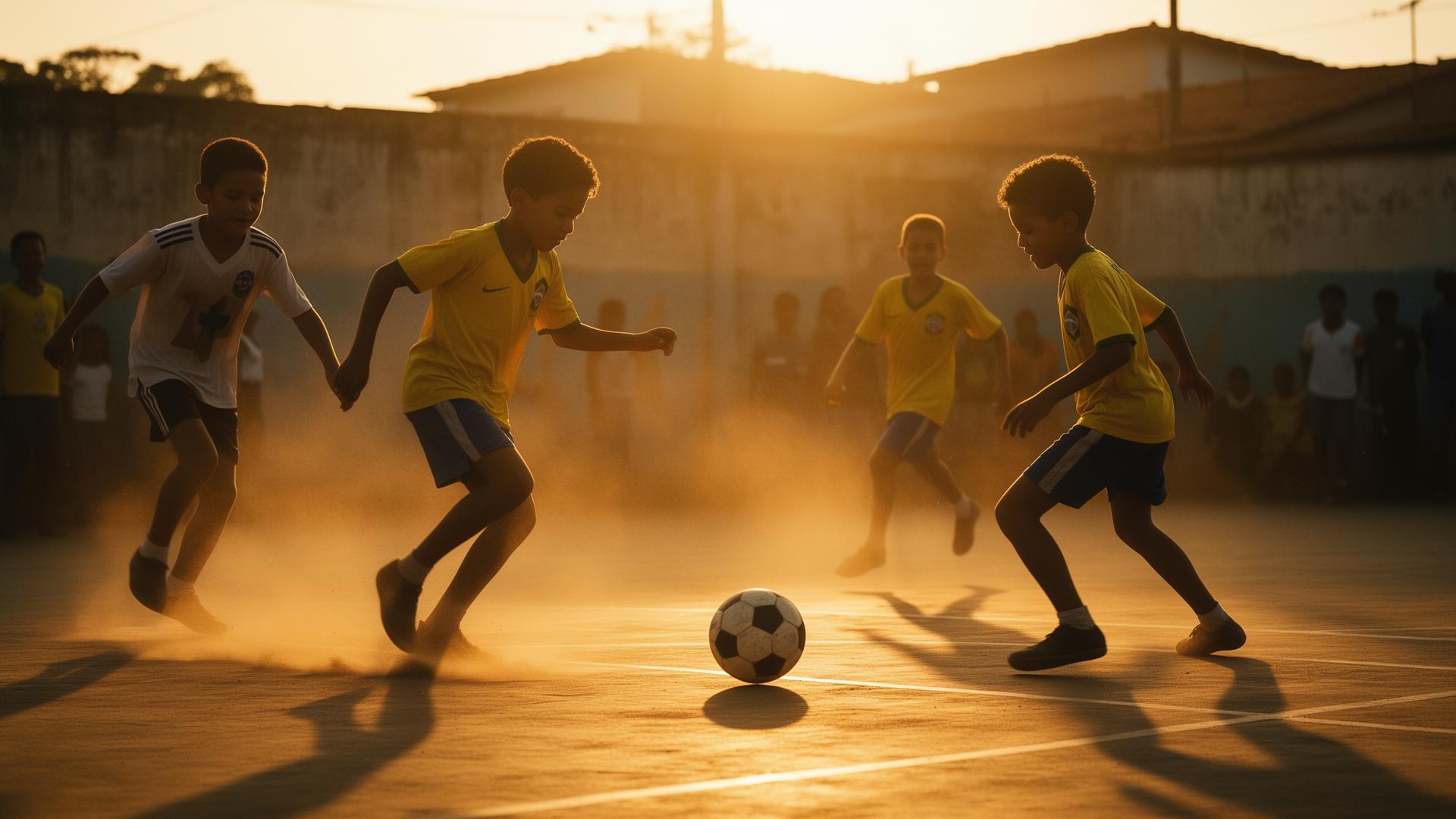 Crianças jogando futebol ao pôr do sol em quadra comunitária